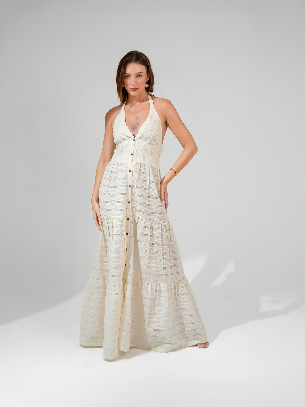 Camille halter neck maxi dress with tie - off-white