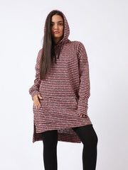 High-Low Striped Fleece Knitted Hoodie