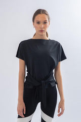 Black front tie short sleeve top