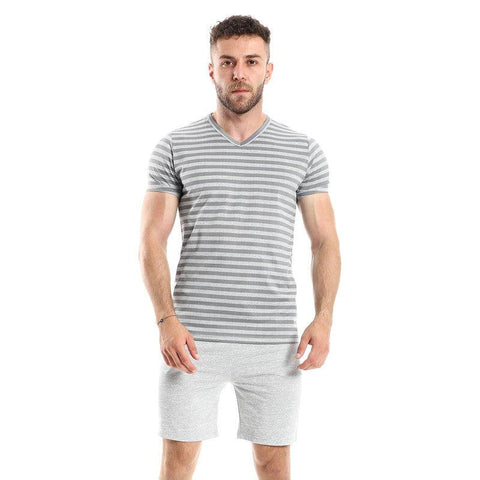 V-Neck Pajama Set - Light Cafe & Black